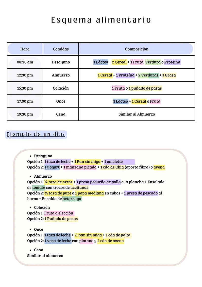 Página del esquema alimentario con horarios de desayuno, almuerzo, colación, once y cena, y ejemplo de un día con opciones