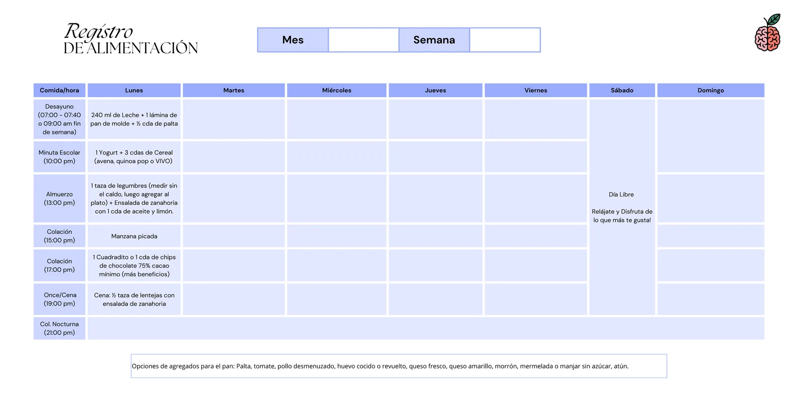 Ejemplo de plan intermedio: calendario semanal con cada comida del día de lunes a domingo