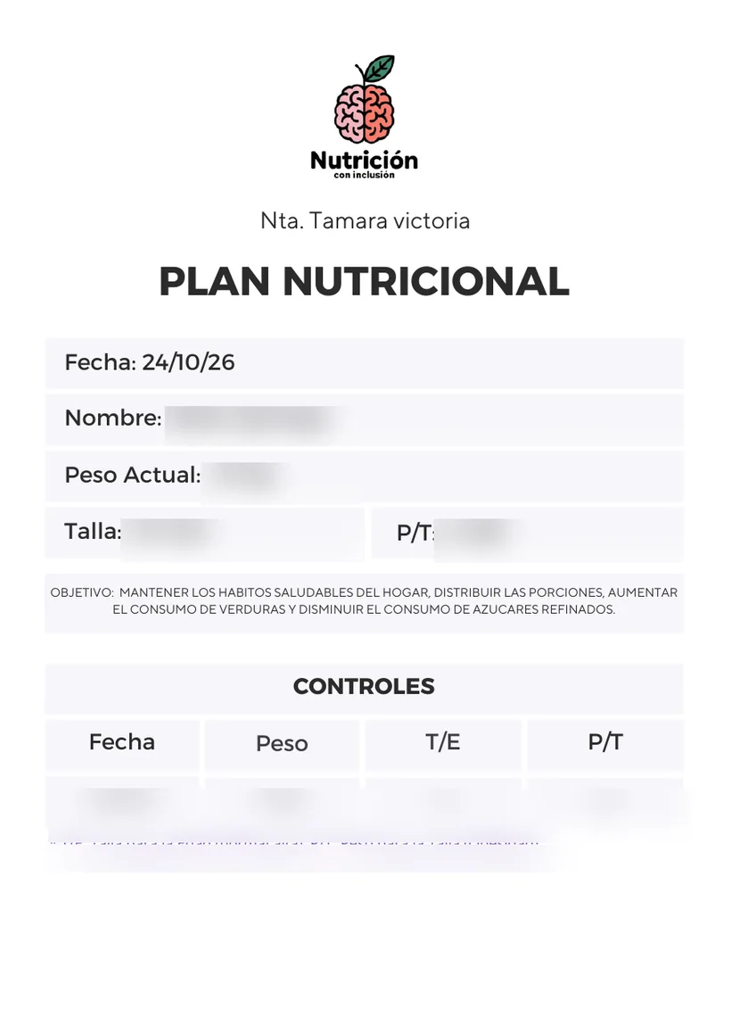 Portada del plan nutricional: objetivo y tabla de controles, con datos personales ocultos